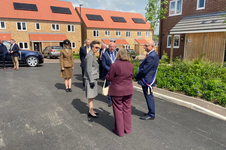 The Princess Royal with Coleford Mayor Nick Penny and representatives from the Coleford and Saint Hilaire twinning associations