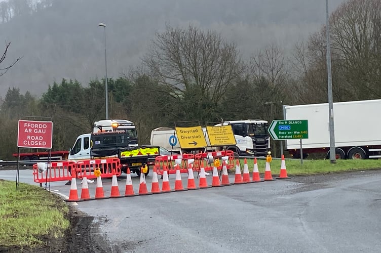 The A40 landslip at Ganarew right on the Wales-England border