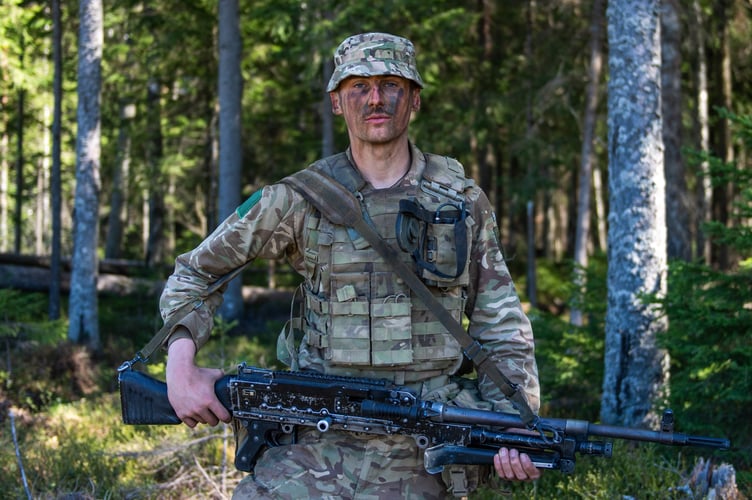 Private Matt Hames at the end of a demanding two days of life fire trench clearance. Picture MoD Crown Copyright.
