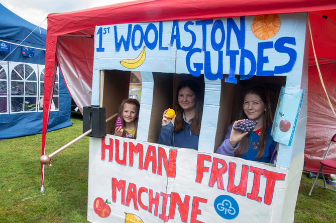 Charlotte Bennett, Hannah Rogers and Daisy Proctor on the human fruit machine.