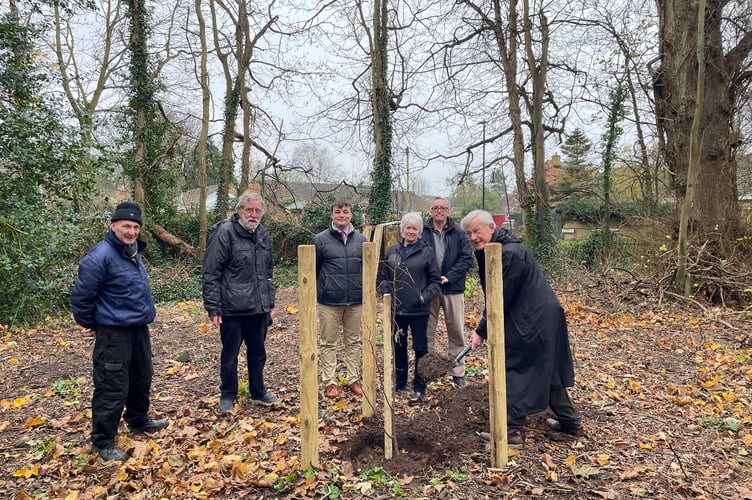 Bernie Danvers of  the Gloucestershire Beekeepers’ Association, Newent Beekeepers’ President Norman Roper Newent town councillors Josh Robertson and Julia Gooch, Newent Beekeepers Treasurer Tony Capener and Newent Beekeepers Chair Adrian Burrows plant the tree.